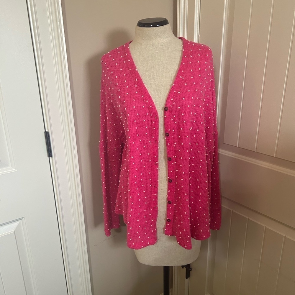 Racheal Hot Pink/White Polka Dot VNeck Cardigan. Twee. Mod. Preppy. Artsy.